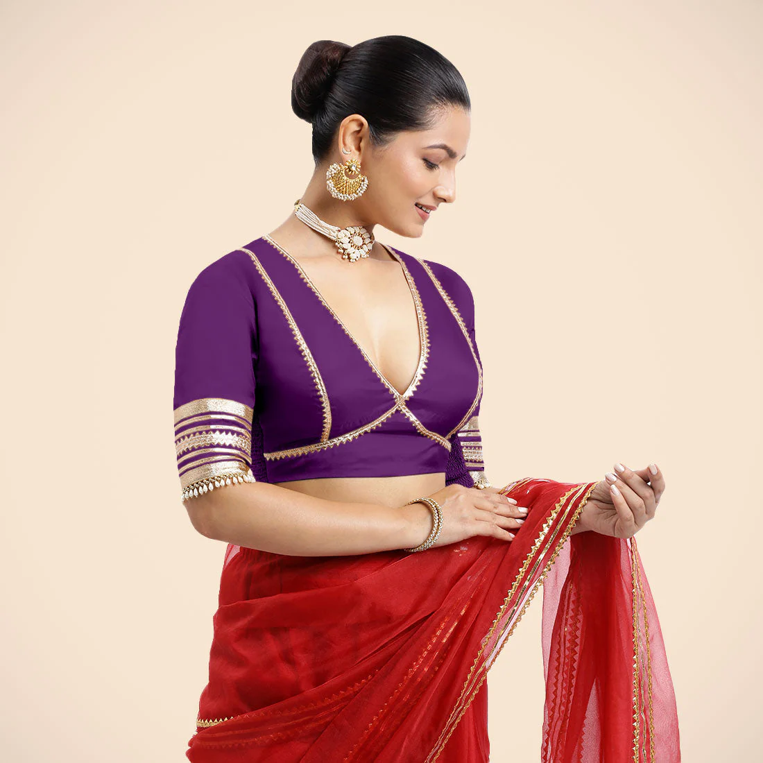 Nafeeza x Tyohaar | Purple Embellished Elbow Sleeves FlexiFit™ Saree Blouse with Plunging V Neckline with Tasteful Golden Gota Lace - Image 6