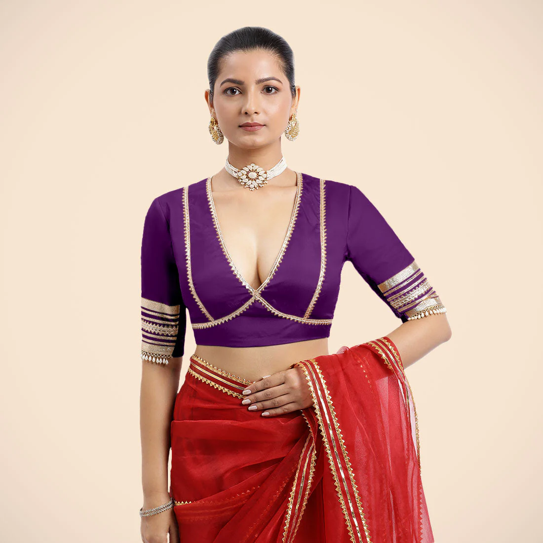 Nafeeza x Tyohaar | Purple Embellished Elbow Sleeves FlexiFit™ Saree Blouse with Plunging V Neckline with Tasteful Golden Gota Lace - Image 7