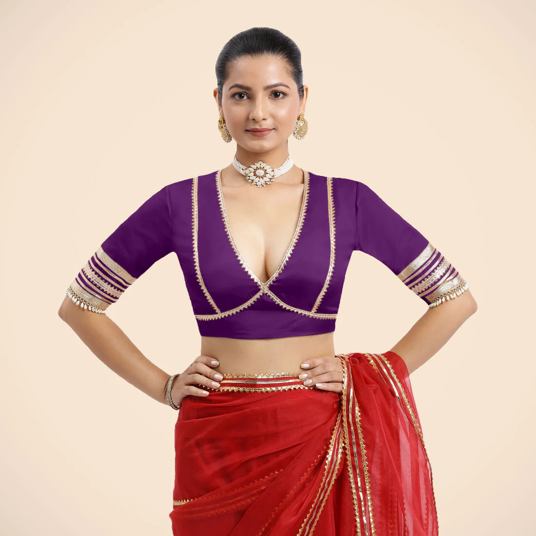 Nafeeza x Tyohaar | Purple Embellished Elbow Sleeves FlexiFit™ Saree Blouse with Plunging V Neckline with Tasteful Golden Gota Lace - Image 8