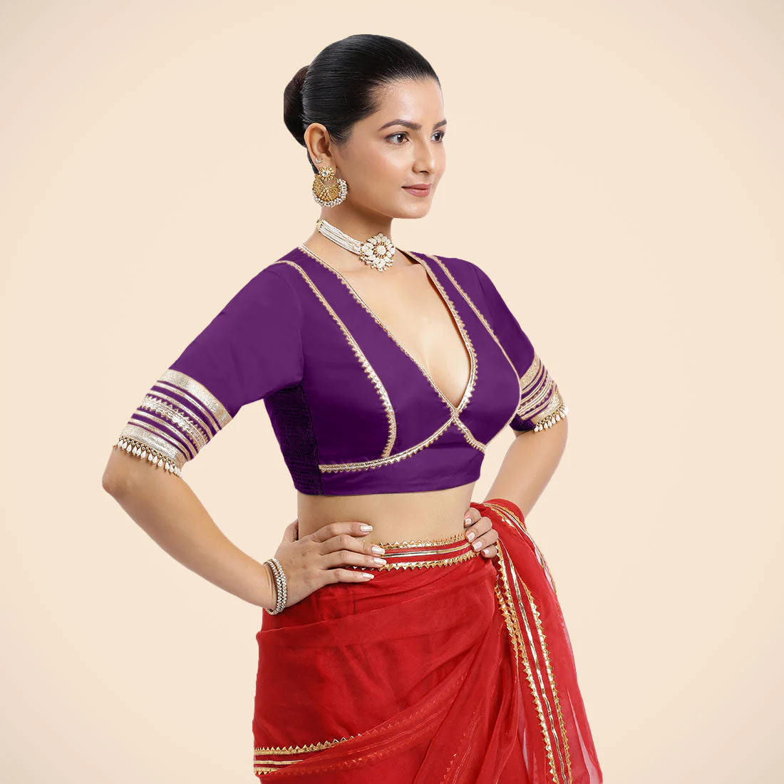 Nafeeza x Tyohaar | Purple Embellished Elbow Sleeves FlexiFit™ Saree Blouse with Plunging V Neckline with Tasteful Golden Gota Lace - Image 9