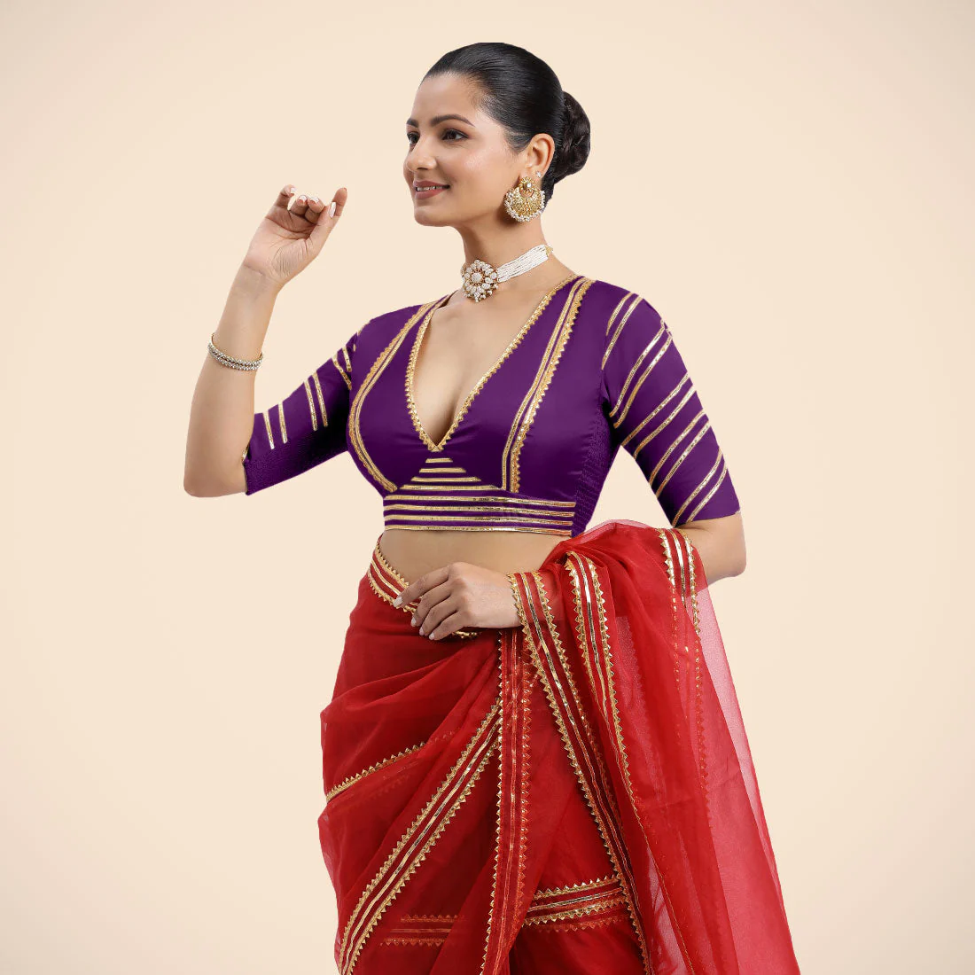 Navya x Tyohaar | Purple Elbow Sleeves FlexiFit™ Saree Blouse with Plunging V Neckline with Tasteful Golden Gota Lace - Image 10