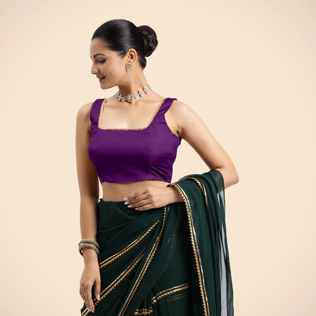 Tanvi x Tyohaar | Purple Sleeveless FlexiFit™ Saree Blouse with Square Front Neck and Deep Back with Dori and Golden Gota Embellishment - Image 2