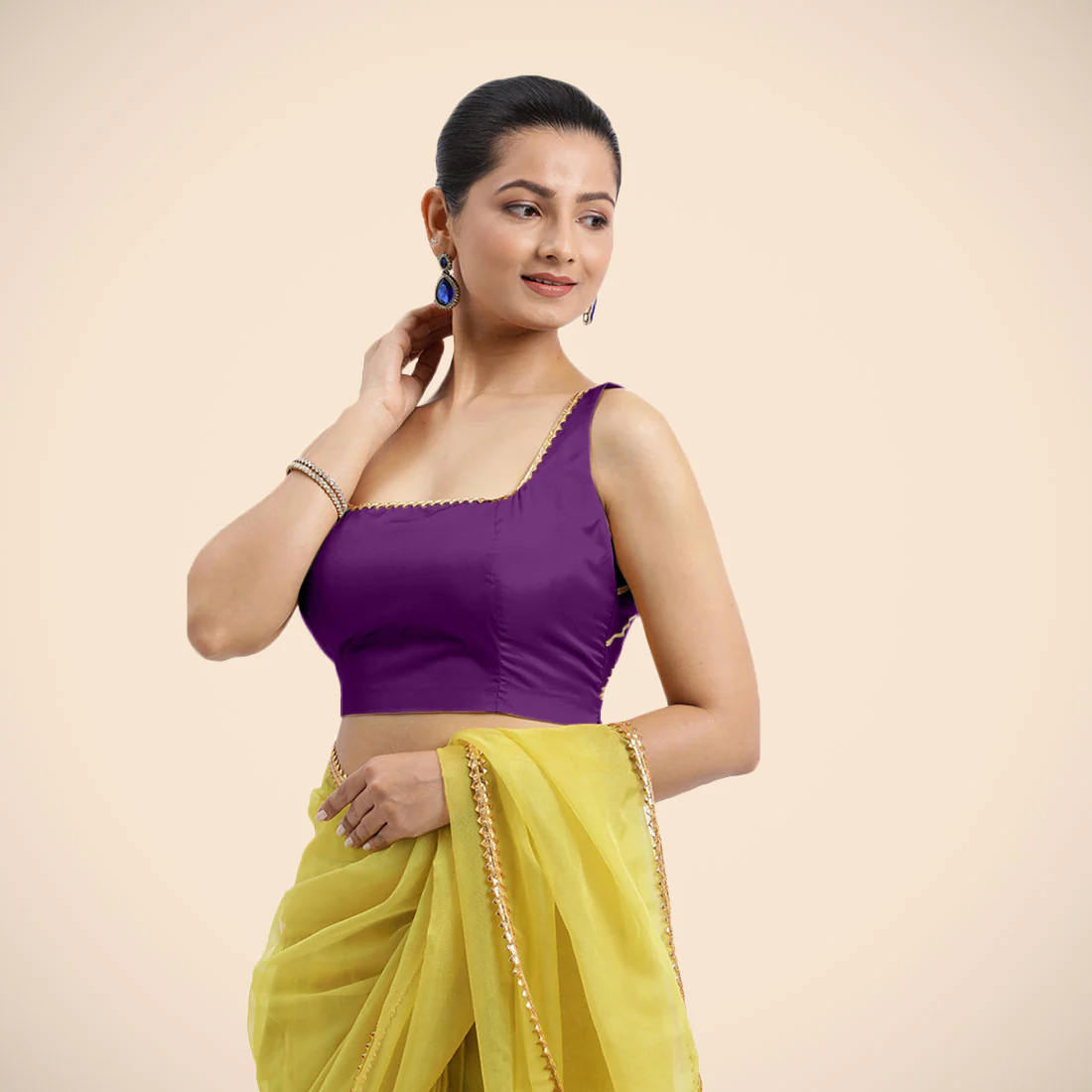 Zeba x Tyohaar | Purple Sleeveless FlexiFit™ Saree Blouse with Square Neck with Golden Gota Lace and Deep Back - Image 4