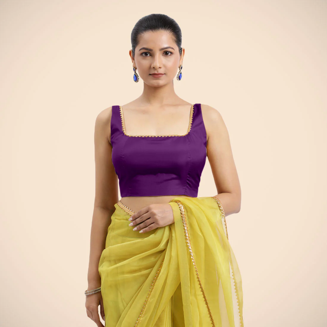 Zeba x Tyohaar | Purple Sleeveless FlexiFit™ Saree Blouse with Square Neck with Golden Gota Lace and Deep Back - Image 5