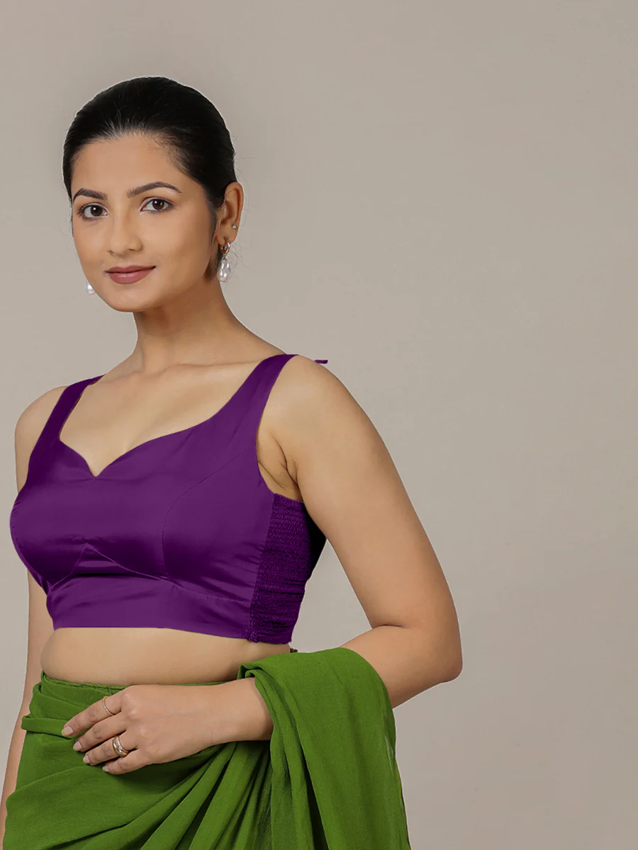 Ishika x Rozaana | Purple Sleeveless FlexiFit™ Saree Blouse with Beetle Leaf Neckline and Back Cut-out with Tie-Up - Image 5