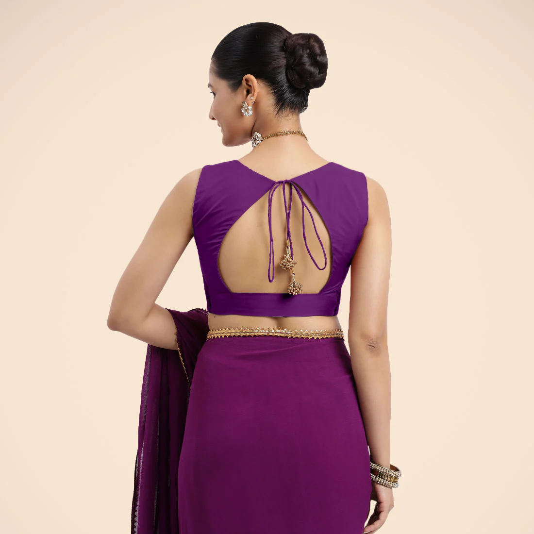 Nazia x Rozaana | Purple Sleeveless FlexiFit™ Saree Blouse with Front Open Curved V Neckline with Deep Back and Dori - Image 7