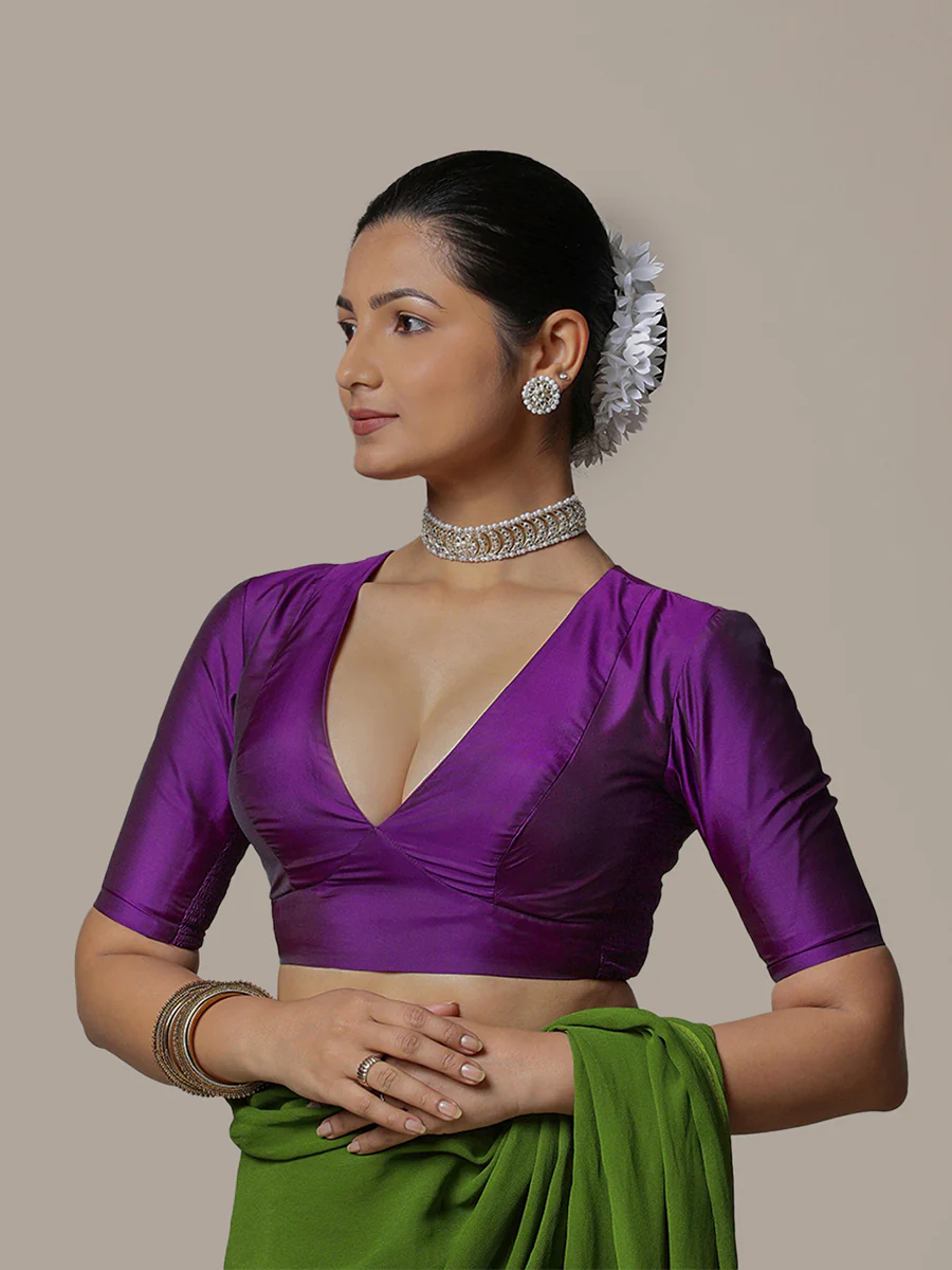 Zeenat x Rozaana | Purple Elbow Sleeves FlexiFit™ Saree Blouse with Plunging Neckline - Image 6
