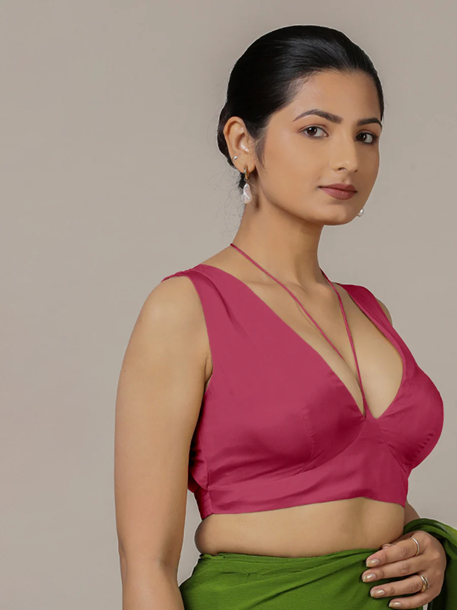 Ahana x Rozaana | Rani Pink Sleeveless FlexiFit™ Saree Blouse with Plunging Neckline and Back Cut Out with Tie-up - Image 5