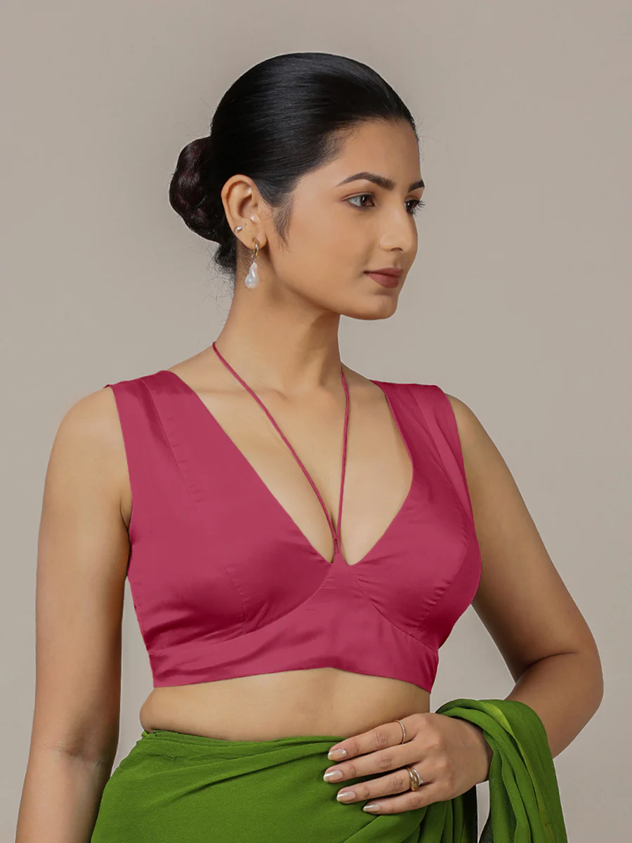 Ahana x Rozaana | Rani Pink Sleeveless FlexiFit™ Saree Blouse with Plunging Neckline and Back Cut Out with Tie-up - Image 6