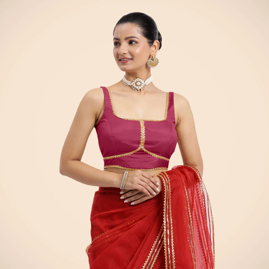 Arya x Tyohaar | Rani Pink Sleeveless FlexiFit™ Saree Blouse with Square Neck and Back Window Embeliished with Golden Gota and Pearl Lace - Image 8