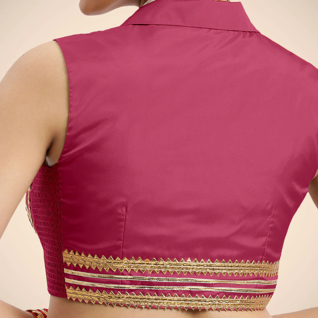 Avni x Tyohaar | Rani Pink Sleeveless FlexiFit™ Saree Blouse with Elegant Shawl Collar with Golden Gota Lace Embellishment - Image 4