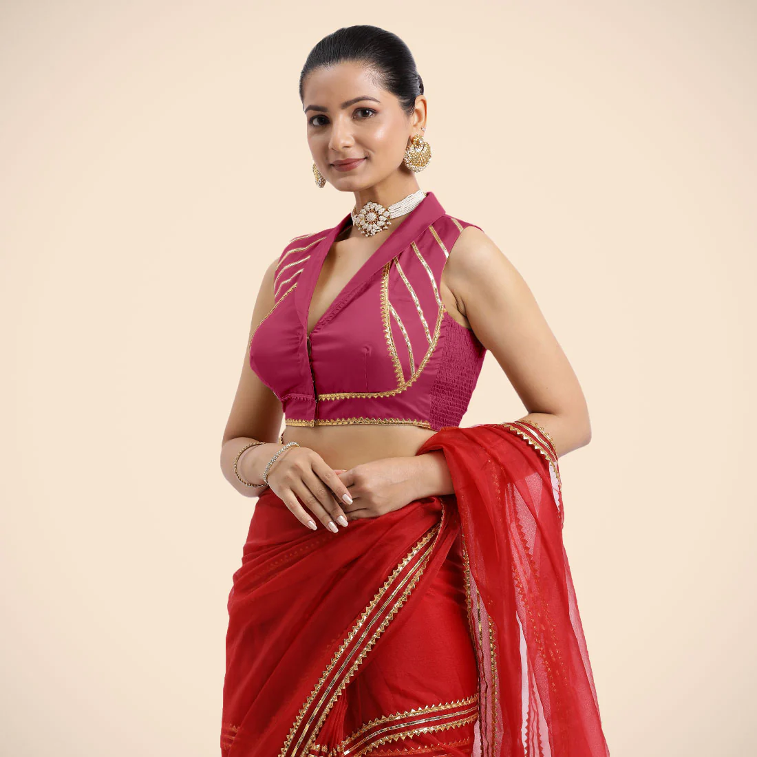 Avni x Tyohaar | Rani Pink Sleeveless FlexiFit™ Saree Blouse with Elegant Shawl Collar with Golden Gota Lace Embellishment - Image 6