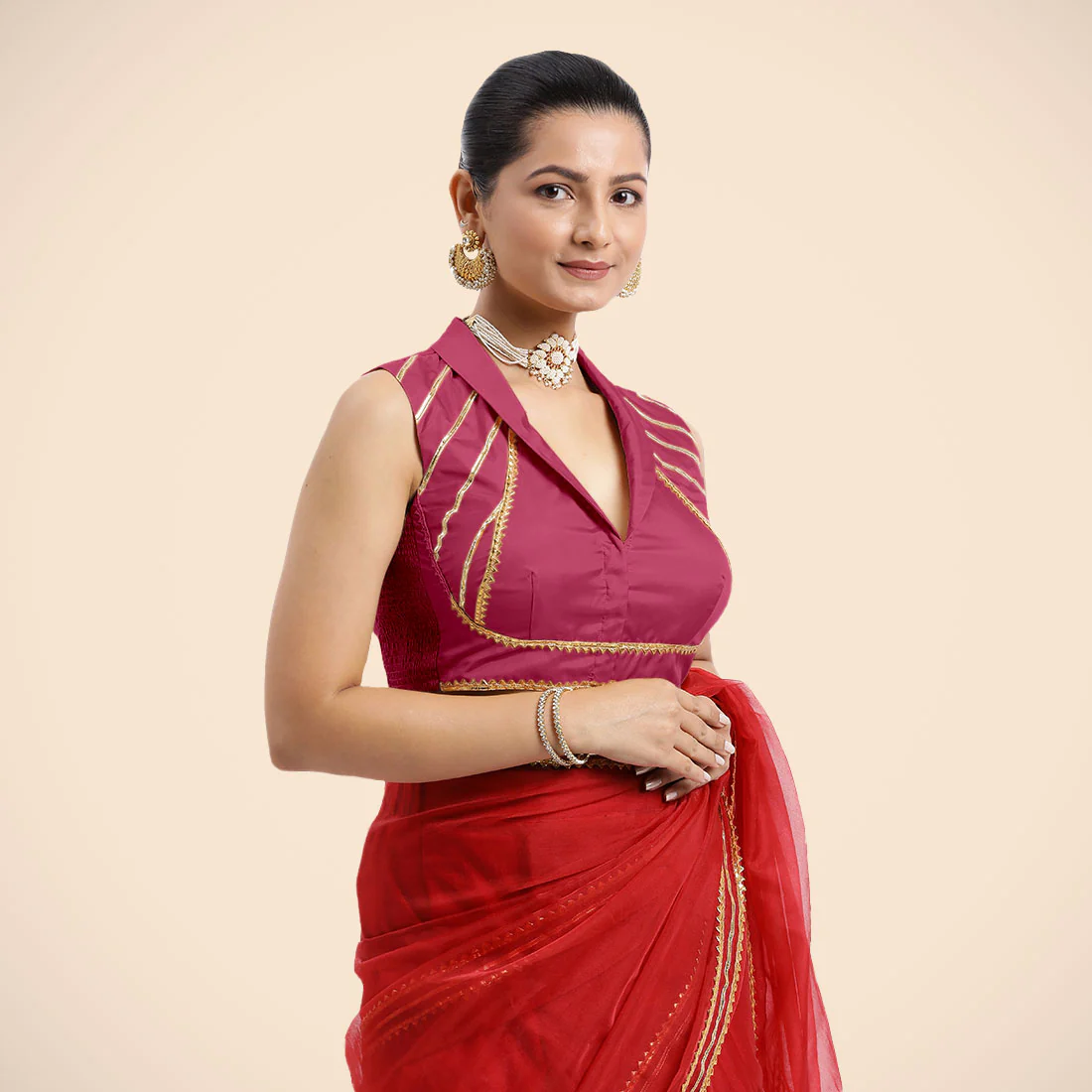 Avni x Tyohaar | Rani Pink Sleeveless FlexiFit™ Saree Blouse with Elegant Shawl Collar with Golden Gota Lace Embellishment - Image 9