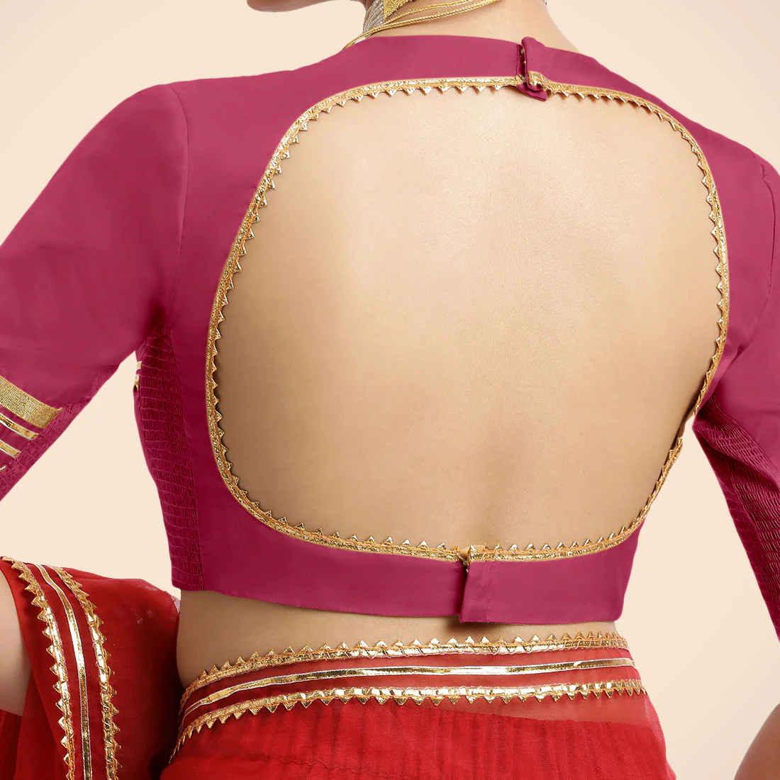 Farheen x Tyohaar | Rani Pink Embellished Elbow Sleeves FlexiFit™ Saree Blouse with Zero Neck with Back Cut-Out and Golden Gota Embellishment - Image 5