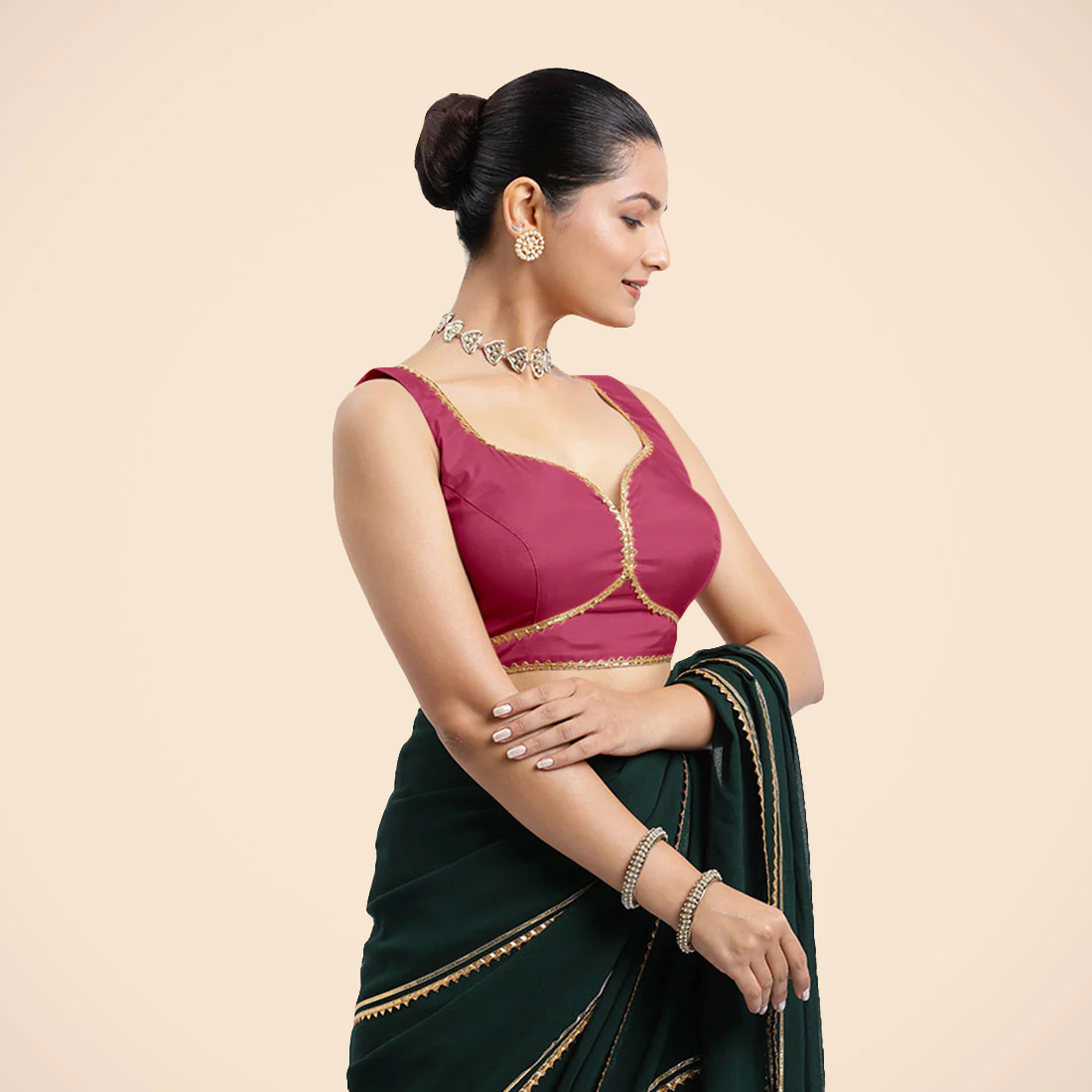 Ishika x Tyohaar | Rani Pink Sleeveless FlexiFit™ Saree Blouse with Beetle Leaf Neckline with Golden Gota Lace and Back Cut-out with Tie-Up - Image 7