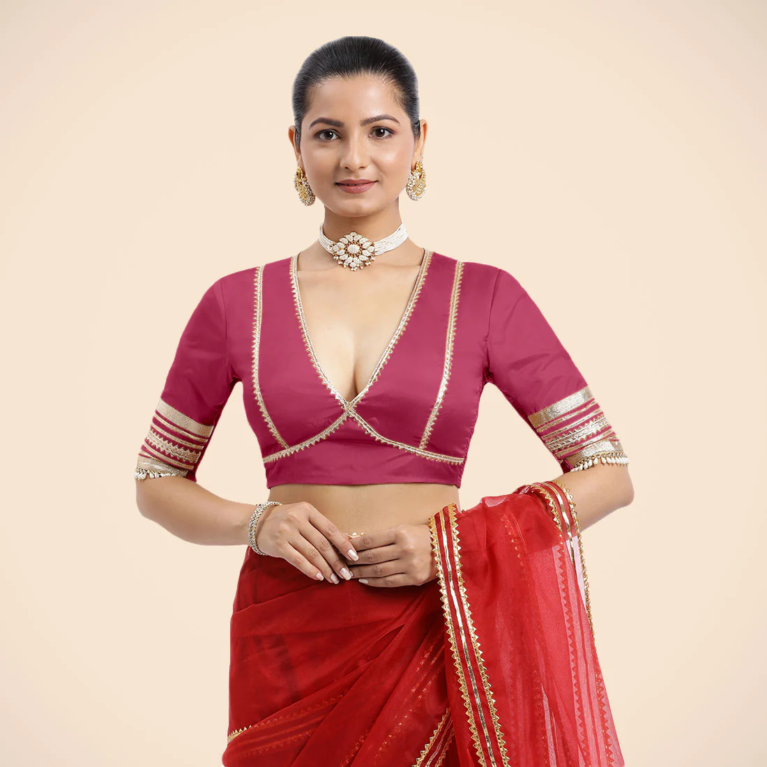 Nafeeza x Tyohaar | Rani Pink Embellished Elbow Sleeves FlexiFit™ Saree Blouse with Plunging V Neckline with Tasteful Golden Gota Lace - Image 8