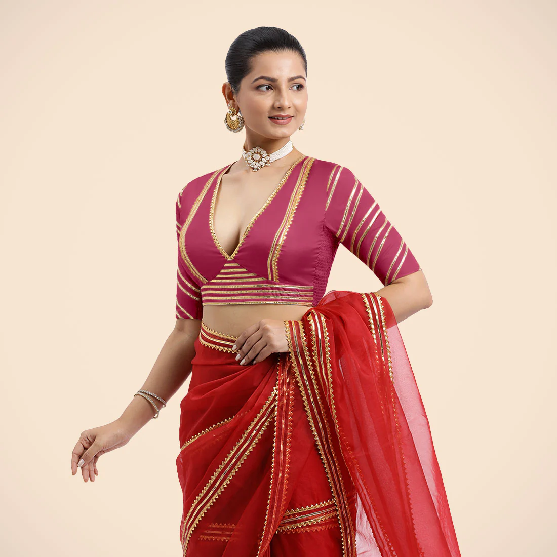 Navya x Tyohaar | Rani Pink Elbow Sleeves FlexiFit™ Saree Blouse with Plunging V Neckline with Tasteful Golden Gota Lace - Image 10