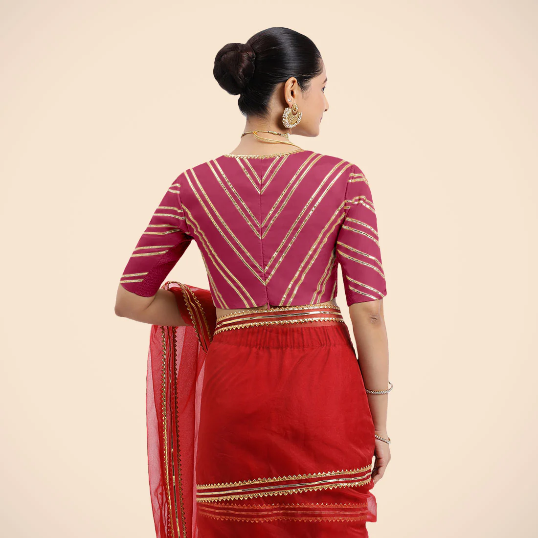 Navya x Tyohaar | Rani Pink Elbow Sleeves FlexiFit™ Saree Blouse with Plunging V Neckline with Tasteful Golden Gota Lace - Image 2