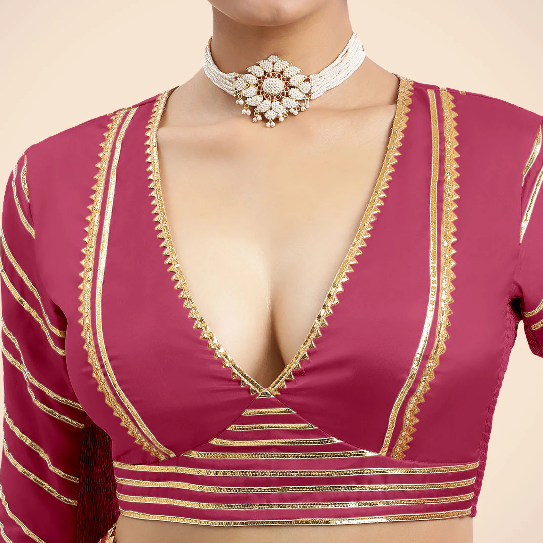 Navya x Tyohaar | Rani Pink Elbow Sleeves FlexiFit™ Saree Blouse with Plunging V Neckline with Tasteful Golden Gota Lace - Image 5