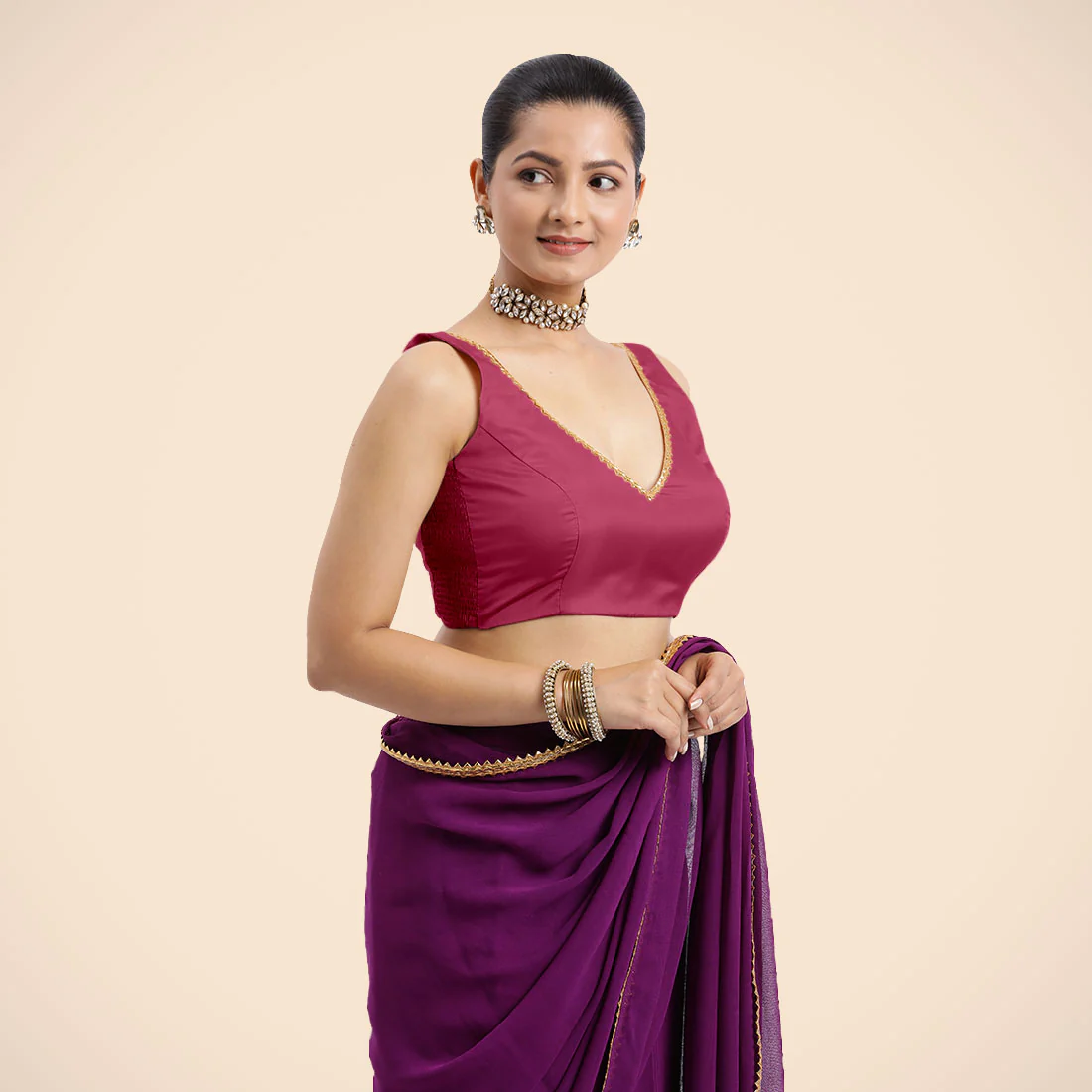 Raisa x Tyohaar | Rani Pink Sleeveless FlexiFit™ Saree Blouse with V Neckline with Golden Gota Lace Embellishment and Back Cut-out with Tie-Up - Image 10
