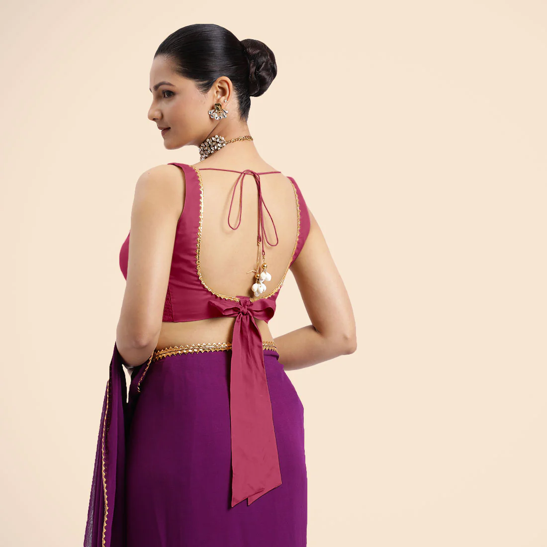 Raisa x Tyohaar | Rani Pink Sleeveless FlexiFit™ Saree Blouse with V Neckline with Golden Gota Lace Embellishment and Back Cut-out with Tie-Up - Image 12