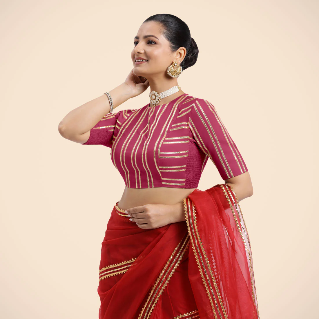 Shaheen x Tyohaar | Rani Pink Elbow Sleeves FlexiFit™ Saree Blouse with Zero Neck with Back Cut-Out and Golden Gota Embellishment