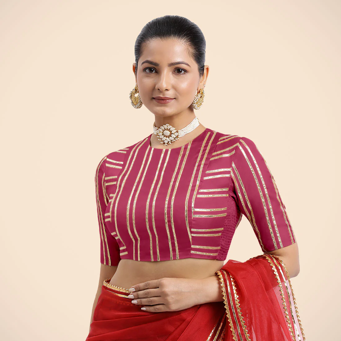 Shaheen x Tyohaar | Rani Pink Elbow Sleeves FlexiFit™ Saree Blouse with Zero Neck with Back Cut-Out and Golden Gota Embellishment - Image 10