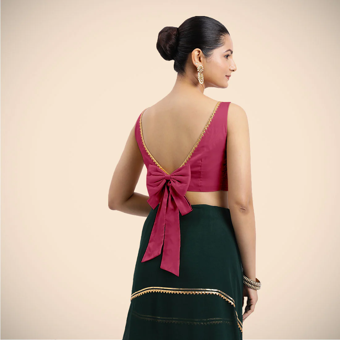 Sherry x Tyohaar | Rani Pink Sleeveless FlexiFit™ Saree Blouse with Simple Golden Gota Lace on Neckline and Removable Bow on Back - Image 16