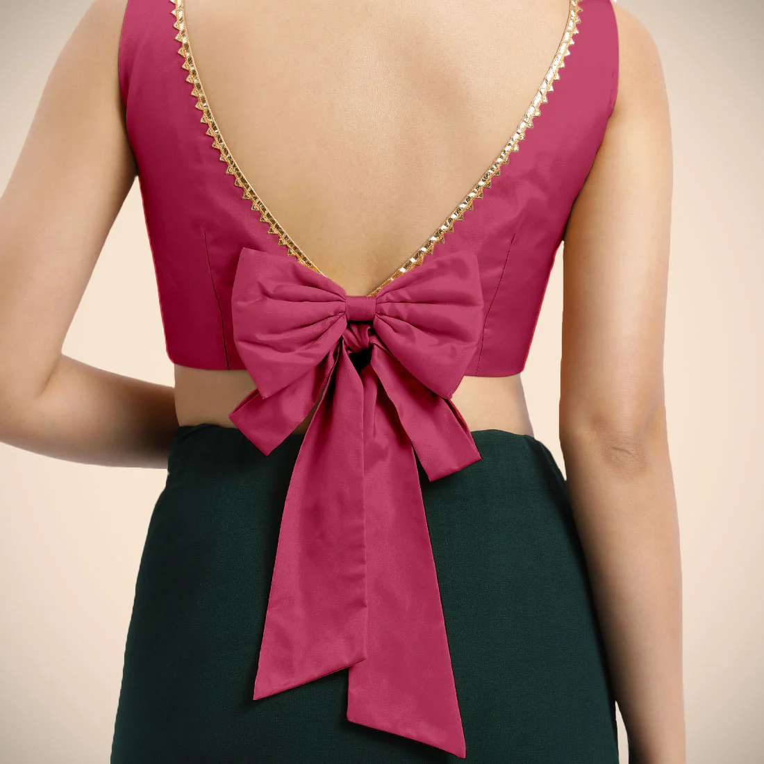 Sherry x Tyohaar | Rani Pink Sleeveless FlexiFit™ Saree Blouse with Simple Golden Gota Lace on Neckline and Removable Bow on Back - Image 5