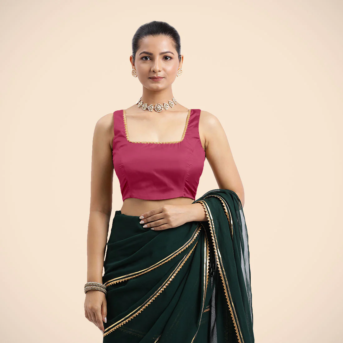 Tanvi x Tyohaar | Rani Pink Sleeveless FlexiFit™ Saree Blouse with Square Front Neck and Deep Back with Dori and Golden Gota Embellishment - Image 7