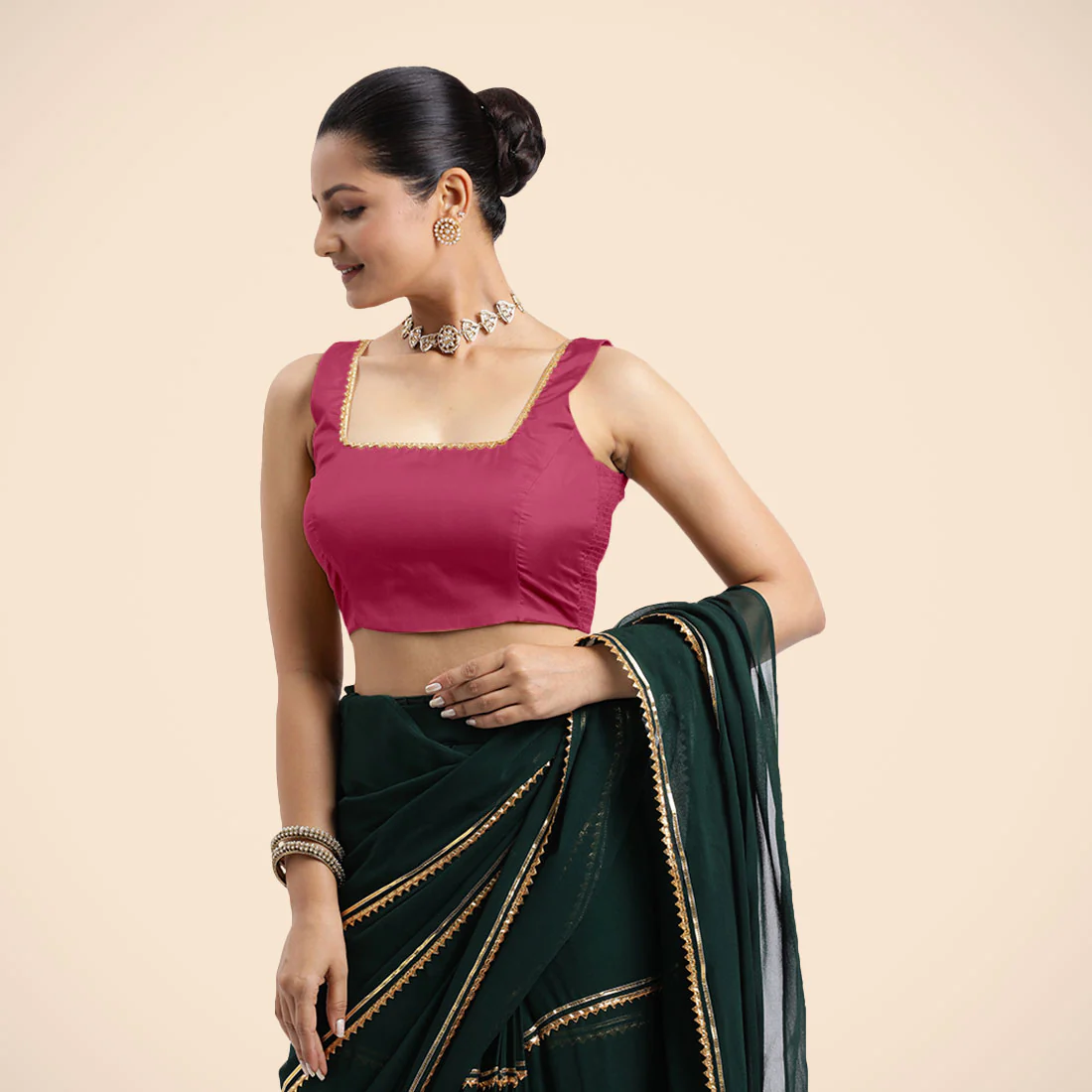Tanvi x Tyohaar | Rani Pink Sleeveless FlexiFit™ Saree Blouse with Square Front Neck and Deep Back with Dori and Golden Gota Embellishment - Image 8