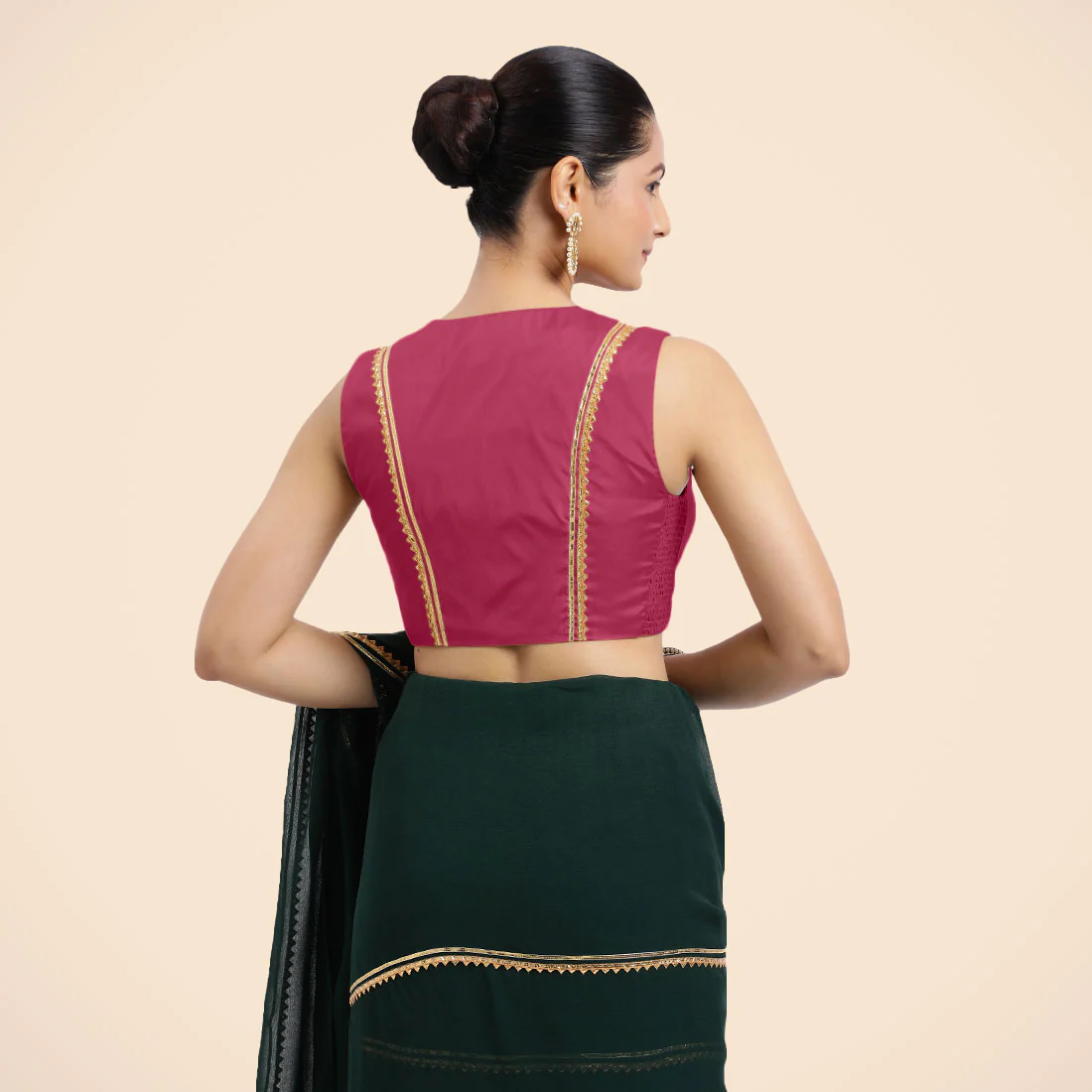 Veena x Tyohaar | Rani Pink Sleeveless FlexiFit™ Saree Blouse with Front Open Closed Neckline with Slit and Golden Gota Lace - Image 2