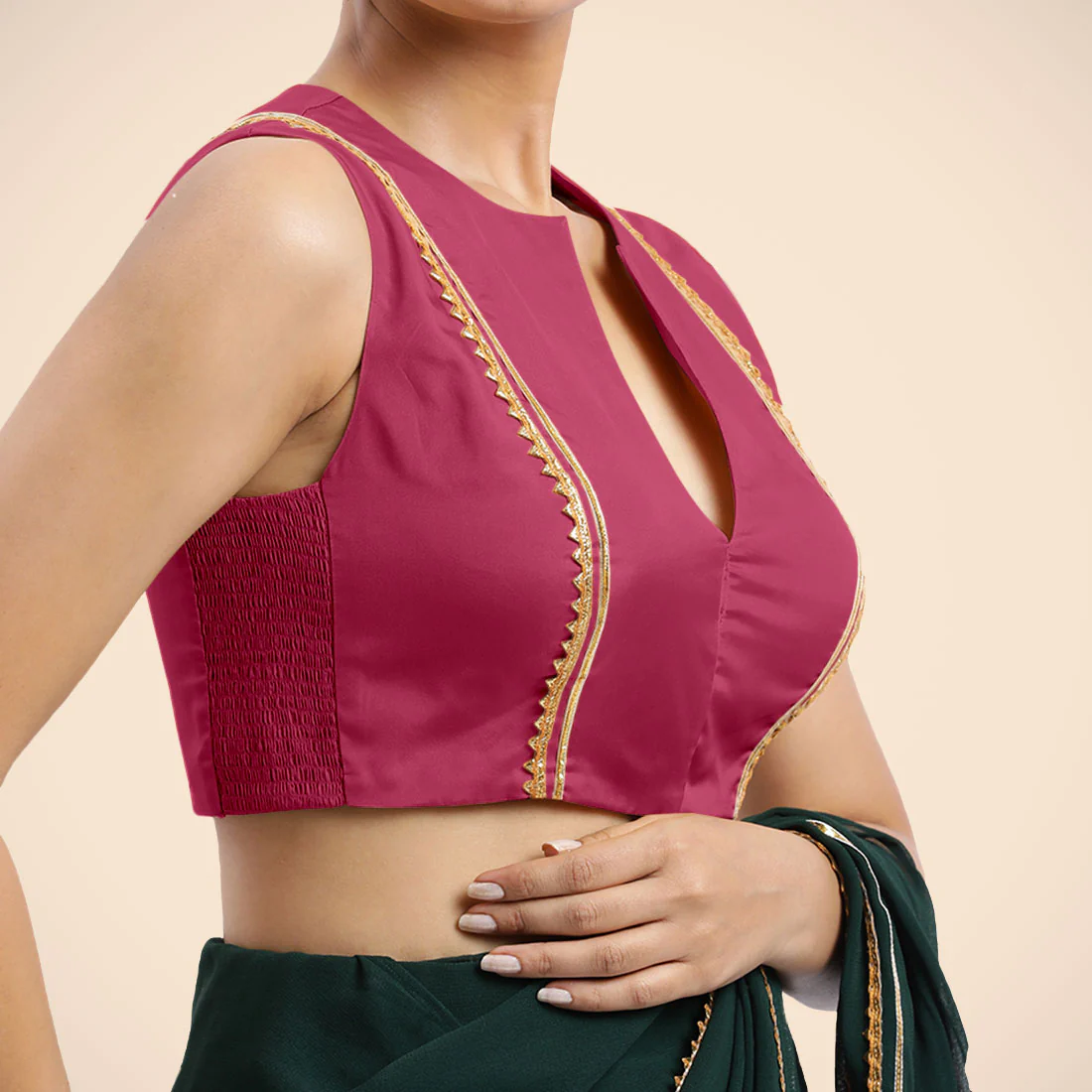 Veena x Tyohaar | Rani Pink Sleeveless FlexiFit™ Saree Blouse with Front Open Closed Neckline with Slit and Golden Gota Lace - Image 3