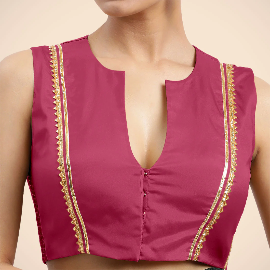 Veena x Tyohaar | Rani Pink Sleeveless FlexiFit™ Saree Blouse with Front Open Closed Neckline with Slit and Golden Gota Lace - Image 4