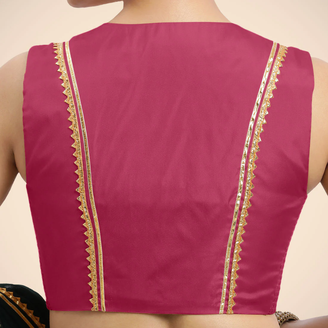 Veena x Tyohaar | Rani Pink Sleeveless FlexiFit™ Saree Blouse with Front Open Closed Neckline with Slit and Golden Gota Lace - Image 5