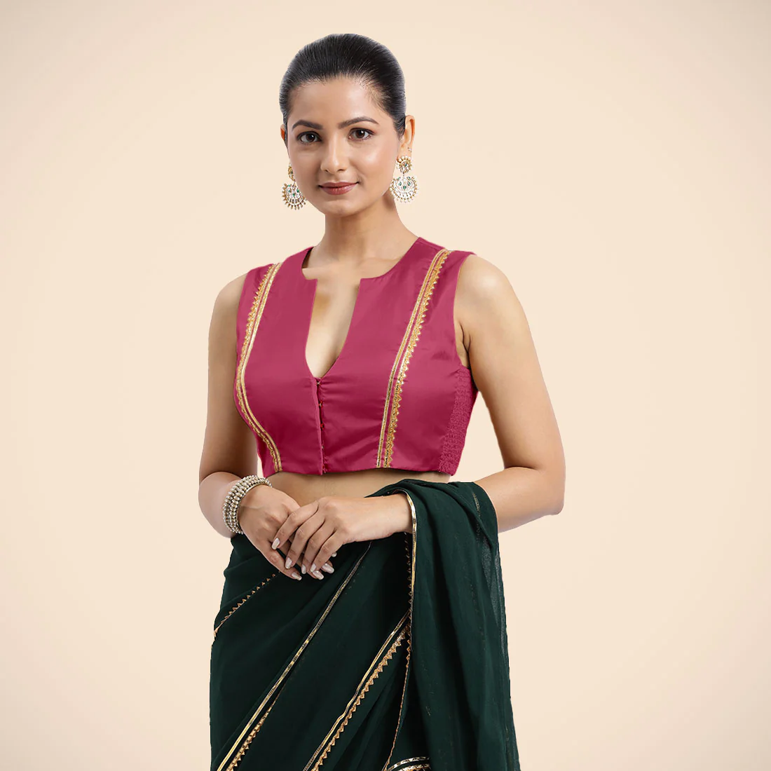 Veena x Tyohaar | Rani Pink Sleeveless FlexiFit™ Saree Blouse with Front Open Closed Neckline with Slit and Golden Gota Lace - Image 6