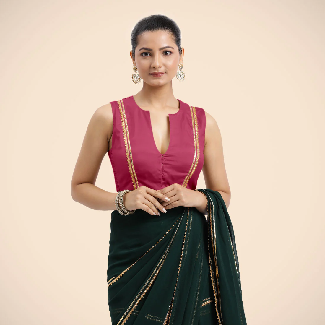Veena x Tyohaar | Rani Pink Sleeveless FlexiFit™ Saree Blouse with Front Open Closed Neckline with Slit and Golden Gota Lace - Image 7