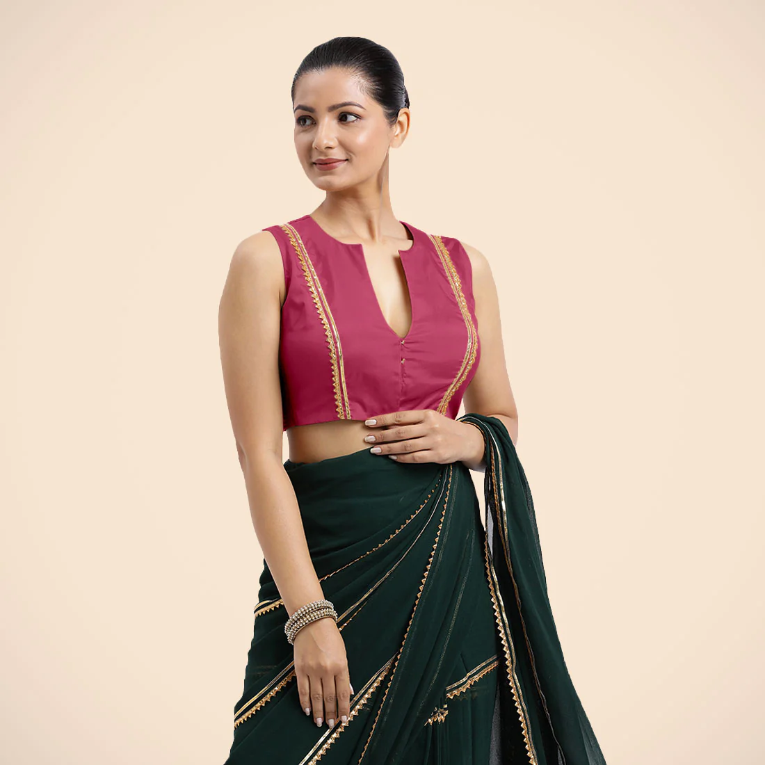 Veena x Tyohaar | Rani Pink Sleeveless FlexiFit™ Saree Blouse with Front Open Closed Neckline with Slit and Golden Gota Lace - Image 9