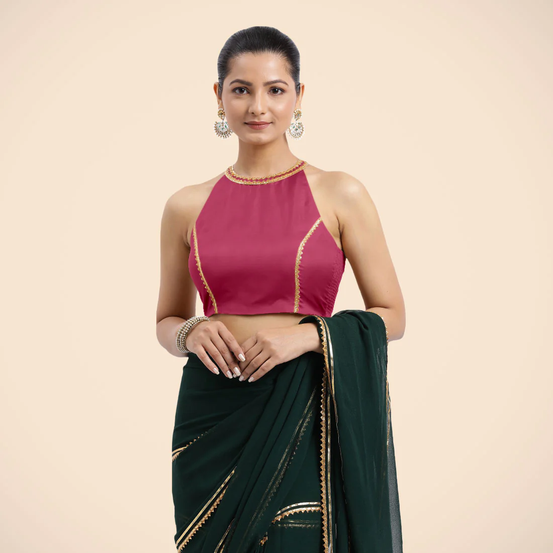 Zubeida x Tyohaar | Rani Pink Halterneck FlexiFit™ Saree Blouse with Elegant Golden Gota Embellishment on Princess Line - Image 9