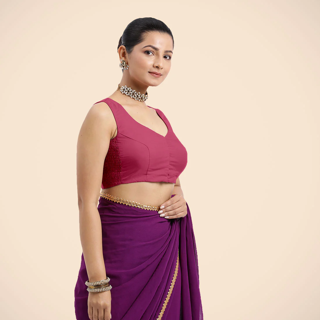 Nazia x Rozaana | Rani Pink Sleeveless FlexiFit™ Saree Blouse with Front Open Curved V Neckline with Deep Back and Dori - Image 10