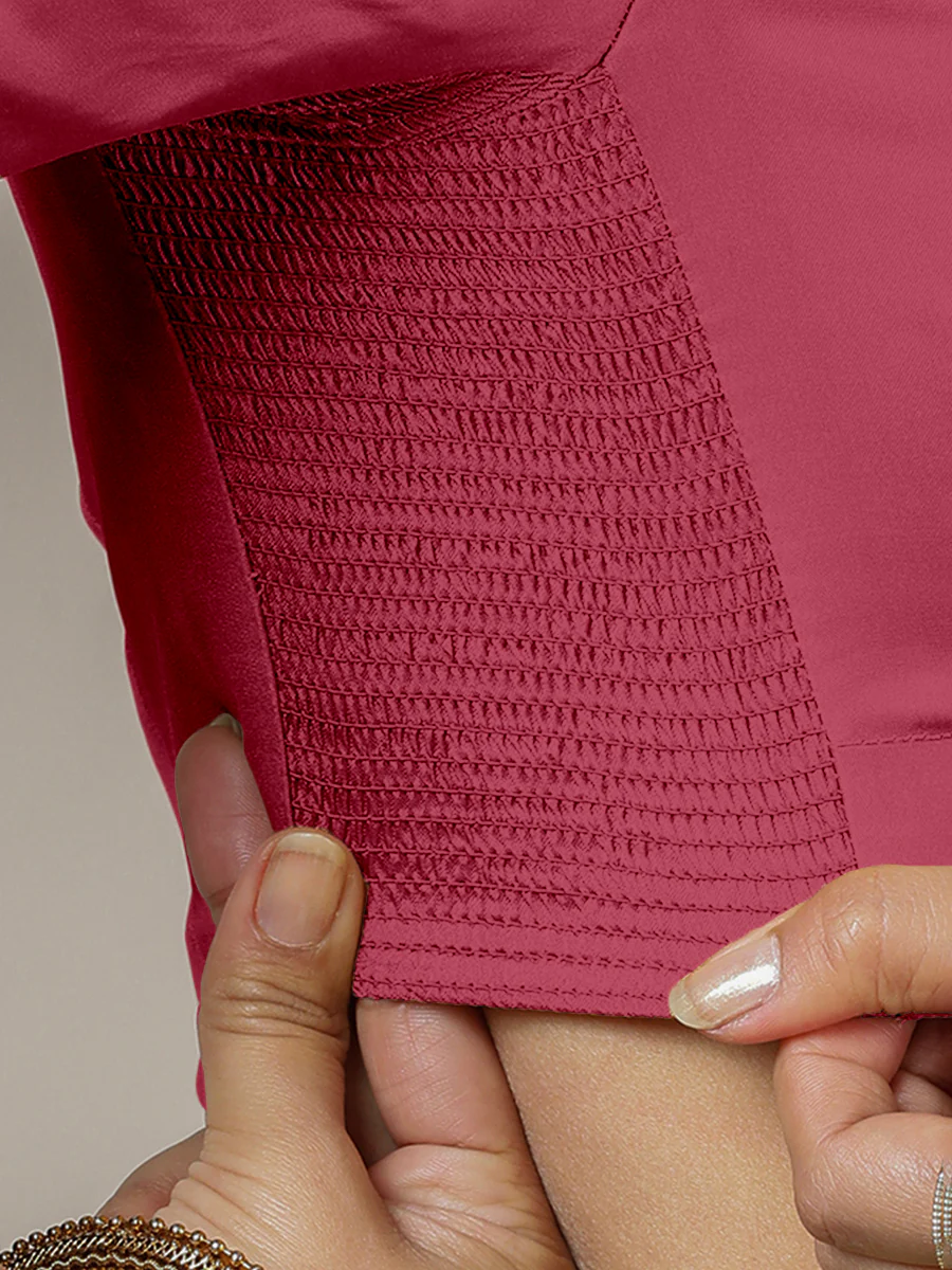 Zeenat x Rozaana | Rani Pink Elbow Sleeves FlexiFit™ Saree Blouse with Plunging Neckline - Image 3