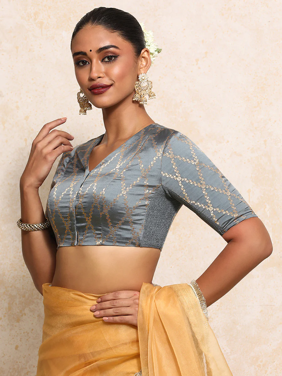 Manisha x Tyohaar | Elbow Sleeves Saree Blouse in Gilded Grey Vine Mesh Brocade - Image 10