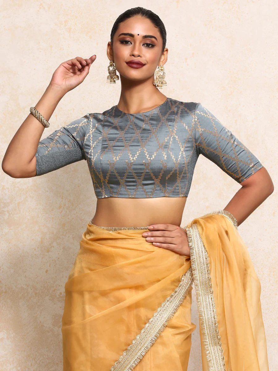 Reena x Tyohaar | Elbow Sleeves Saree Blouse in Gilded Grey Vine Mesh Brocade - Image 10
