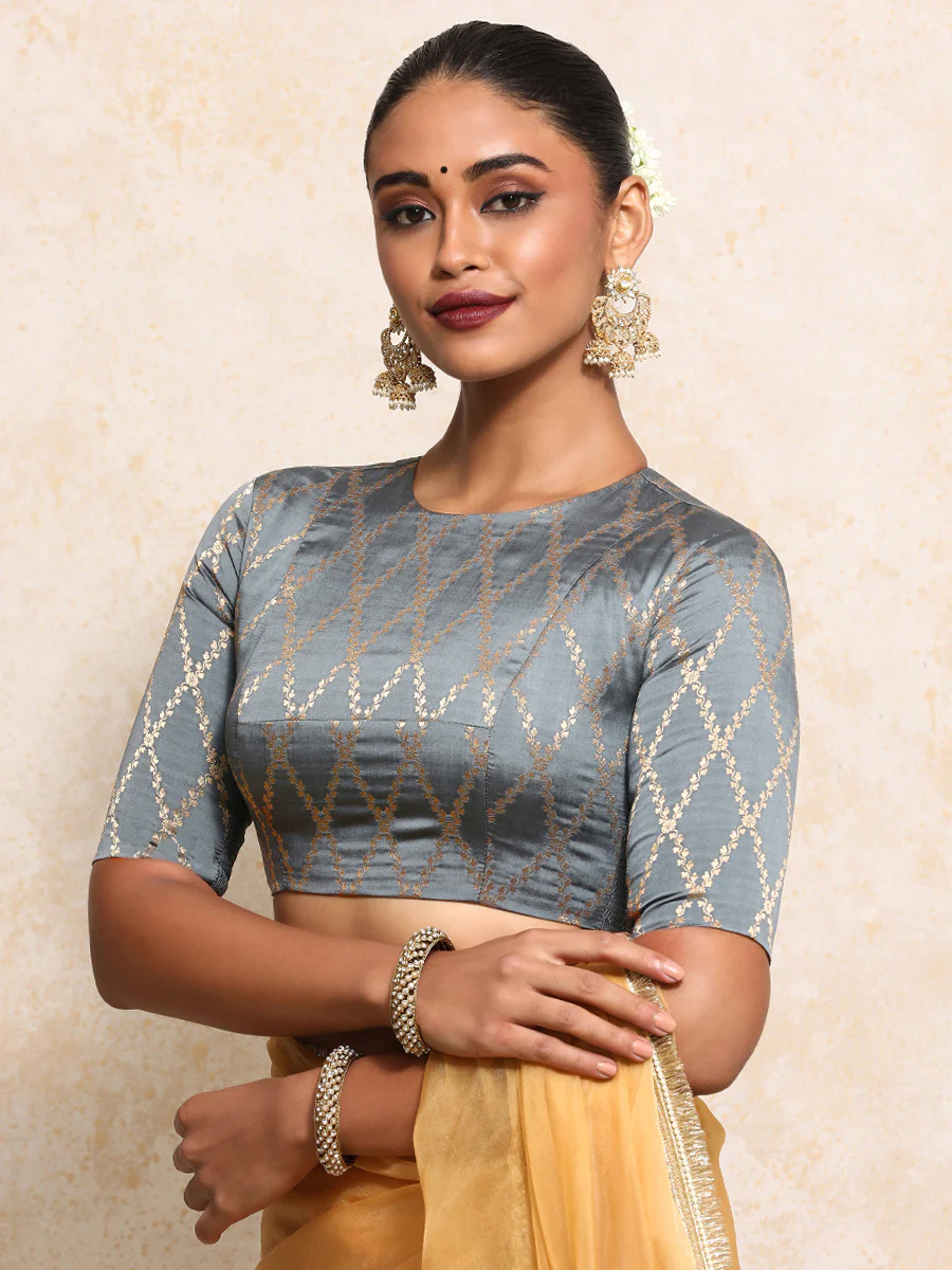 Reena x Tyohaar | Elbow Sleeves Saree Blouse in Gilded Grey Vine Mesh Brocade - Image 11