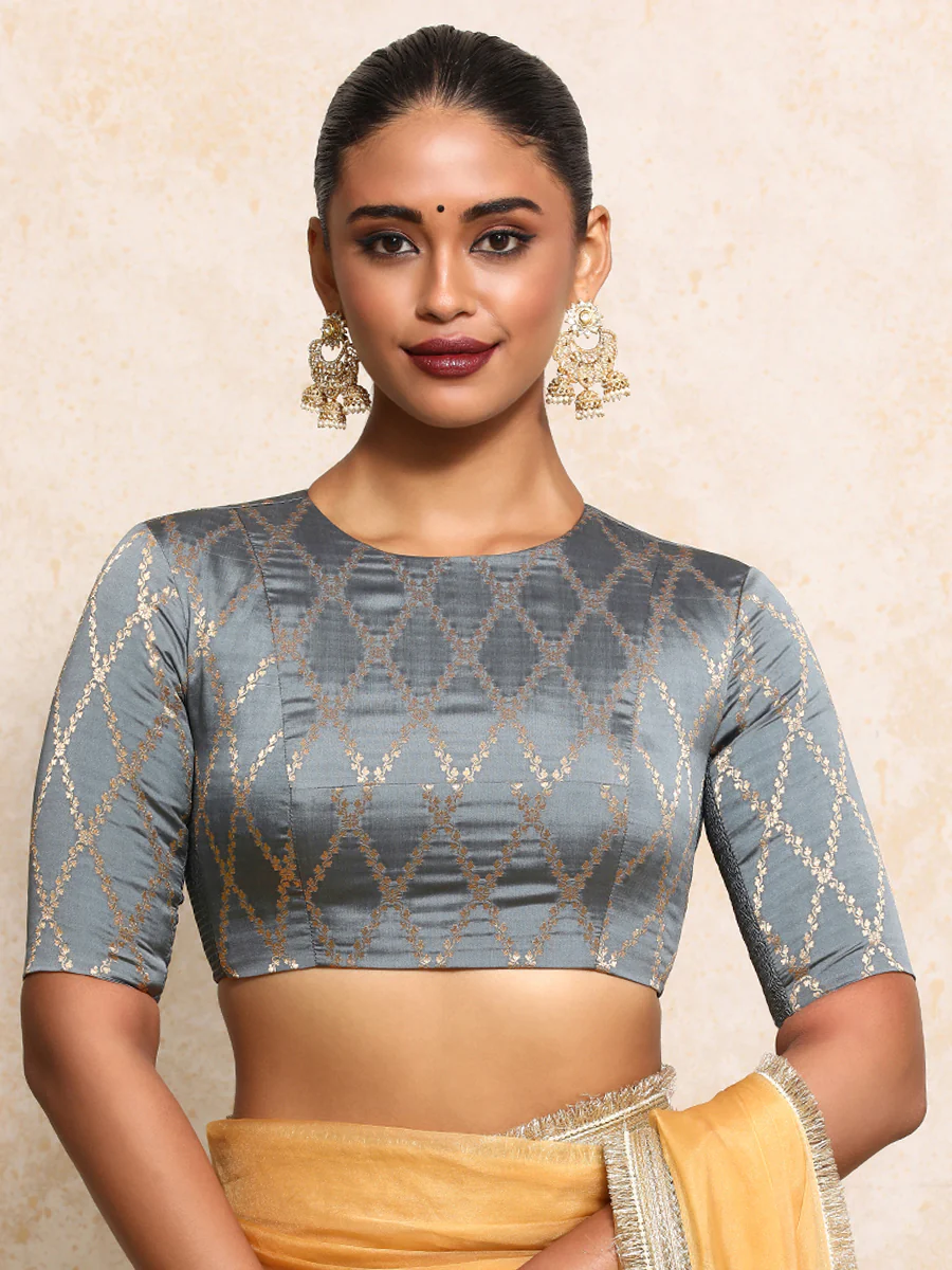 Reena x Tyohaar | Elbow Sleeves Saree Blouse in Gilded Grey Vine Mesh Brocade - Image 12