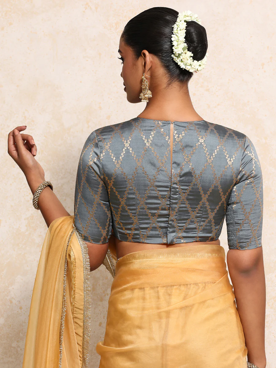 Reena x Tyohaar | Elbow Sleeves Saree Blouse in Gilded Grey Vine Mesh Brocade - Image 13