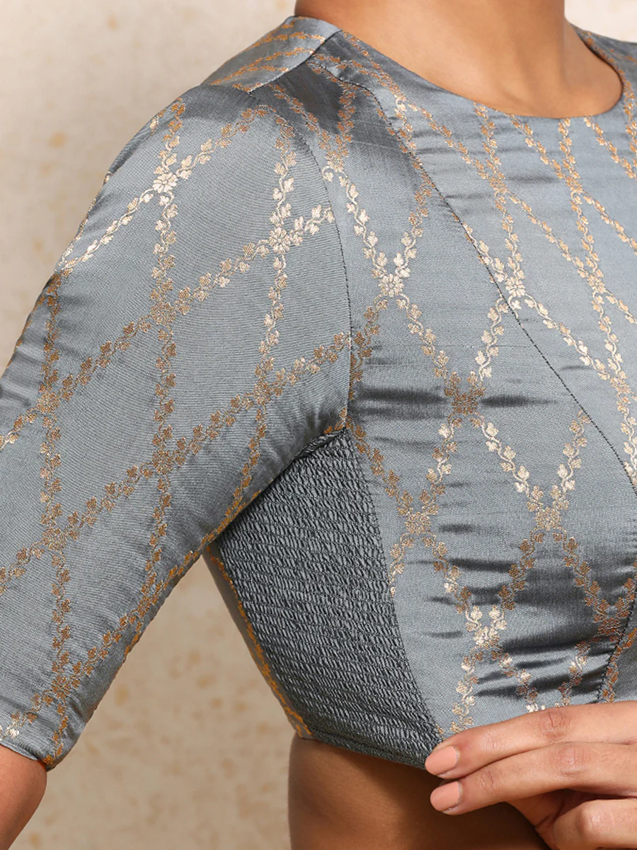 Reena x Tyohaar | Elbow Sleeves Saree Blouse in Gilded Grey Vine Mesh Brocade - Image 3