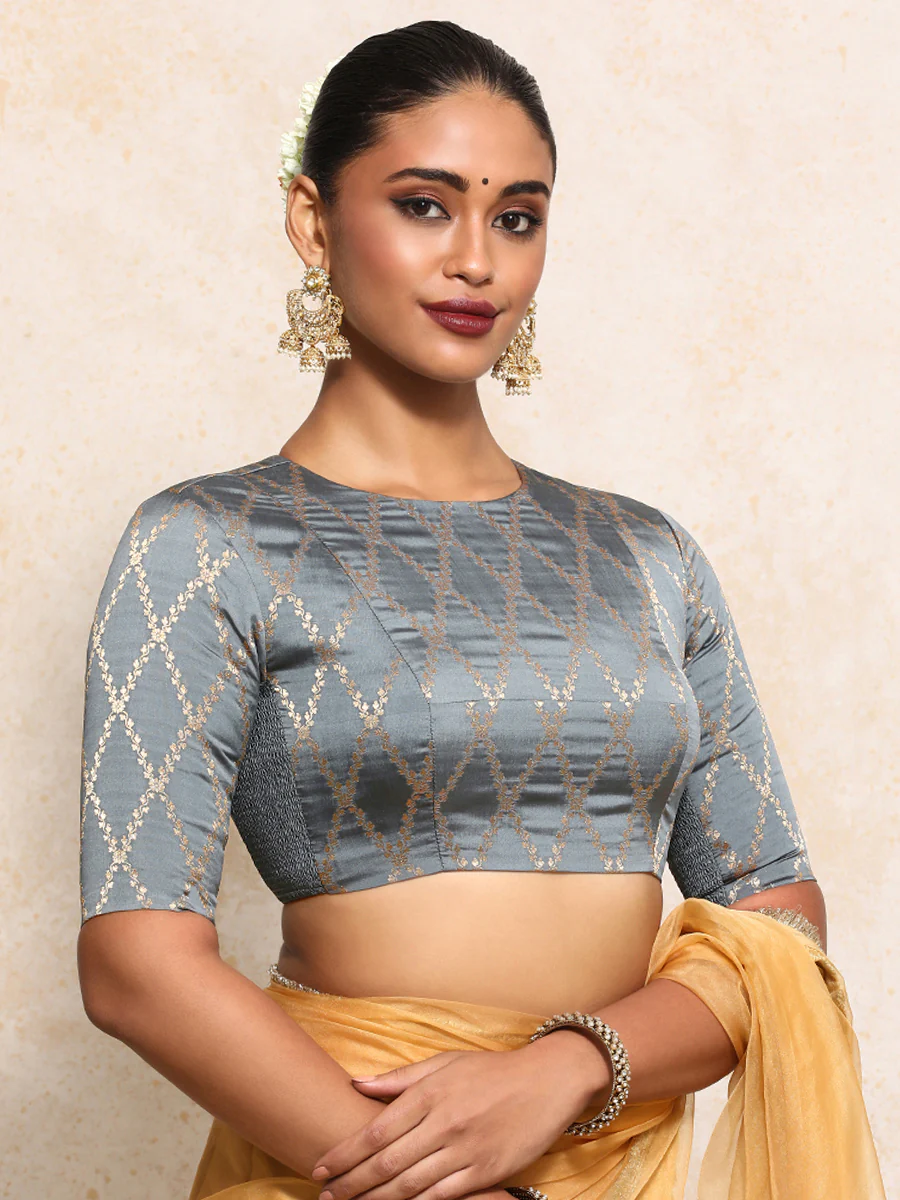 Reena x Tyohaar | Elbow Sleeves Saree Blouse in Gilded Grey Vine Mesh Brocade - Image 8