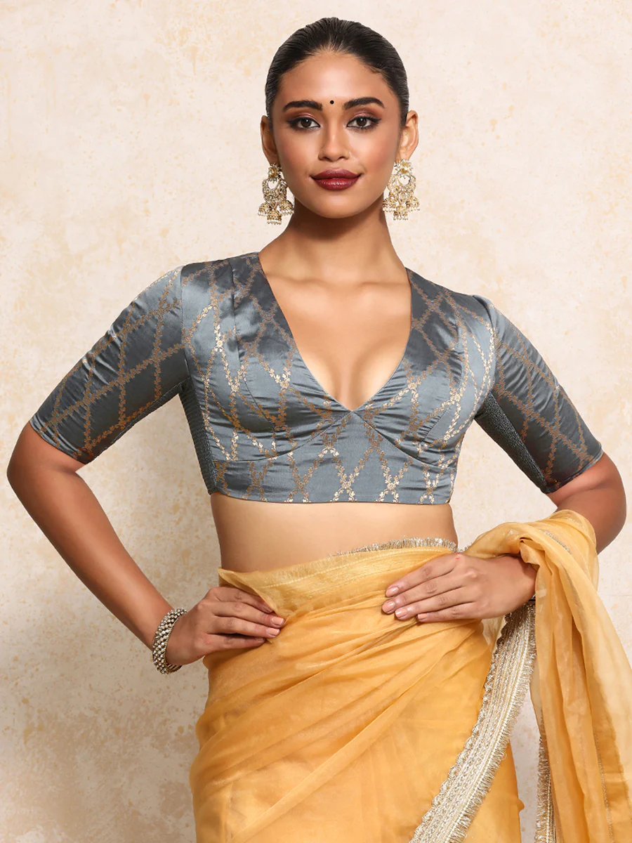 Rubani x Tyohaar | Elbow Sleeves Saree Blouse in Gilded Grey Vine Mesh Brocade - Image 6