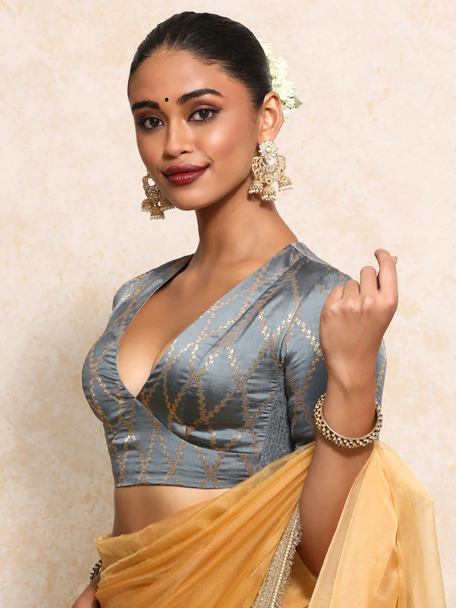 Rubani x Tyohaar | Elbow Sleeves Saree Blouse in Gilded Grey Vine Mesh Brocade - Image 8